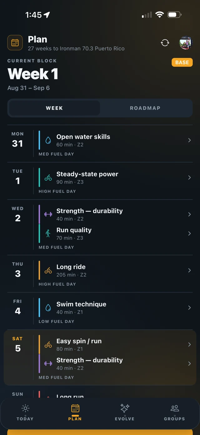 The Plan calendar with swim, bike, run and strength sessions and daily fuel tags.